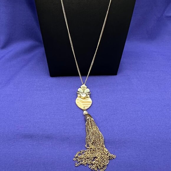 Long Jade & Jasper Gold-Tone Pendant Necklace Crystals & Tassel - Picture 3 of 10